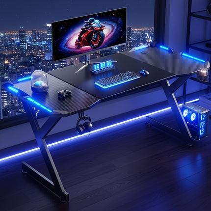 Y-Shaped Gaming Desk with RGB LED Lights Carbon Fiber Surface Computer Table Ergonomic Computer Desk