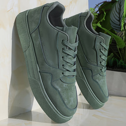 Men's Low-Top Olive Green PU -like Sneakers - All-Terrain Lace-Up Shoes with PVC Sole,