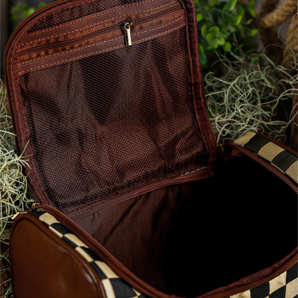 Black Checkered PU Leather Zipper Makeup Bag