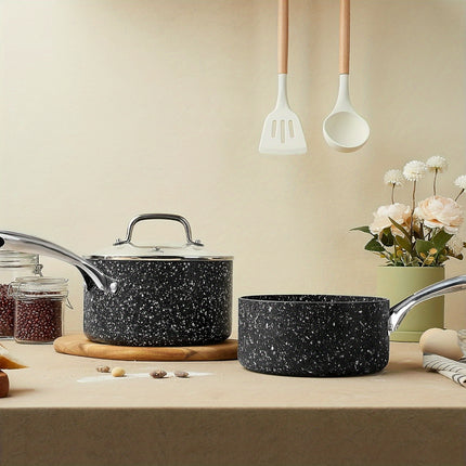 Quart Kitchen Nonstick Saucepan Set with Lid - Sauce Pan Set with Black Granite Coating