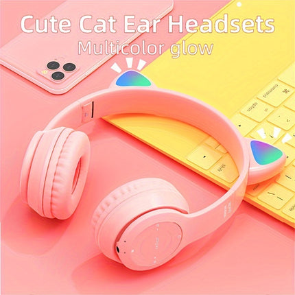 Wireless Headphones, Cat Ears Glow, Foldable Plug-in Card Stereo Headphones Wireless Protocol