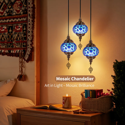 Turkish-Moroccan Mosaic Three-Head Ceiling Lamp Handmade Glass Shade, Mediterranean Style,