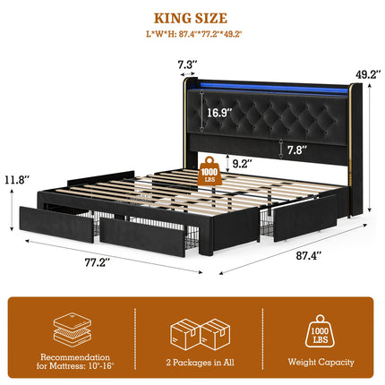 49.2" Tall Bed Frames with 4 Drawers, Velvet Platform Bed with Wingback Storage Headboard,