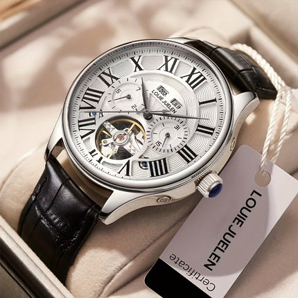 Men'S Automatic Mechanical Watch with Hollow Dial, Roman Numerals, and Calendar Self-Winding