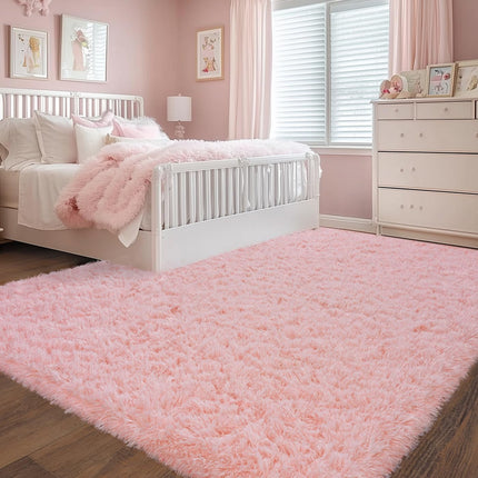 8x10 FT Shag Area Rug  Non-Slip, Soft Pink Plush Carpet, Polyester, Machine Made, Suitable