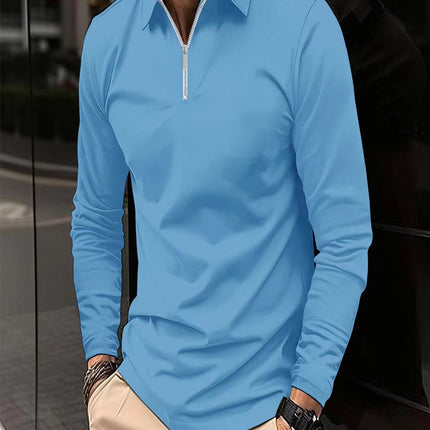 Zipper Men's Solid Color Long Sleeve Sports Polo Shirt