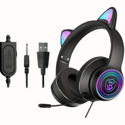 AUX 3.5Mm Cat Ear Gaming Headphones with LED Light, Noise-Cancelling Stereo On-Ear Headphones,