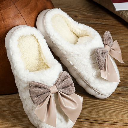 White Contrast Bowknot Applique Plush Winter Slippers (Colors May Differ by Batch)