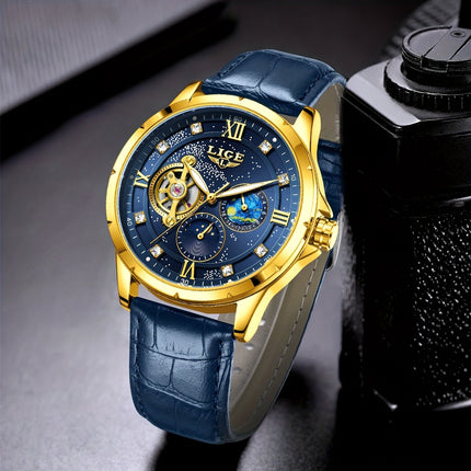 Men'S Luxury Mechanical Watch | Business Style, Mixed Color, Rhinestone Inlay, Transparent Bottom Cover,