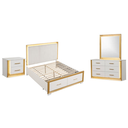 OBSESSION Contemporary Queen 4-Piece Bedroom Set in White and Gold Finish with LED Bed, Dresser, Mirror and Nightstand