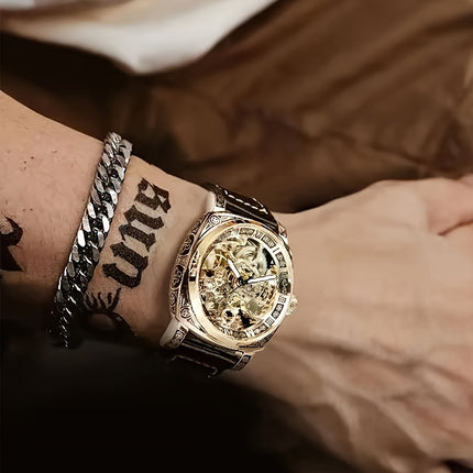 1pc Teen Men'S Yellow Black PU Belt Retro Style Noble Carved Hollow Tourbillon Mechanical Watch,