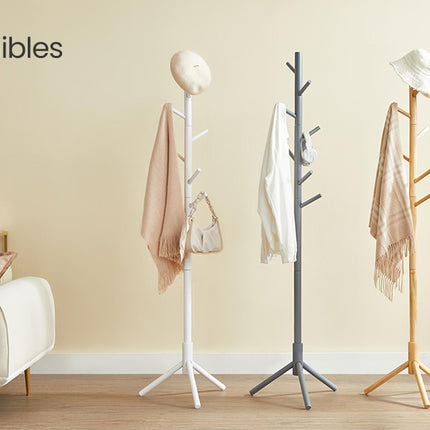 Standing Coat Rack, Solid Wood Coat Rack, Tree-Shaped Coat Rack with 8 Hooks, 3 Height Options, for Clothes, Hats, Bags