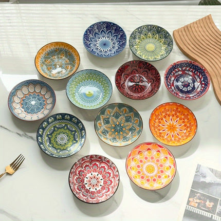 12pcs Bohemian Style Dinnerware Set, Colorful Hand-Painted Underglaze, 5.7-Inch Ceramic Plates,