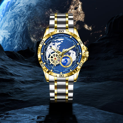 Men's Automatic Watch, Rotating Little Earth Blue Dial Men's Mechanical Watch Steel Strap Stopwatch