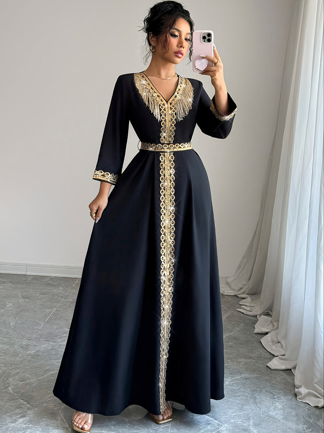 Women's Elegant Sequined Tassel Dress, Regular Fit, Long Length, Mid-Length Sleeves, Solid Color,