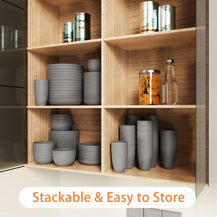 32pcs Grey Wheat Cutlery, Durable Black Set Microwave And Dishwasher Safe Includes 16 Plates, 8 Bowls