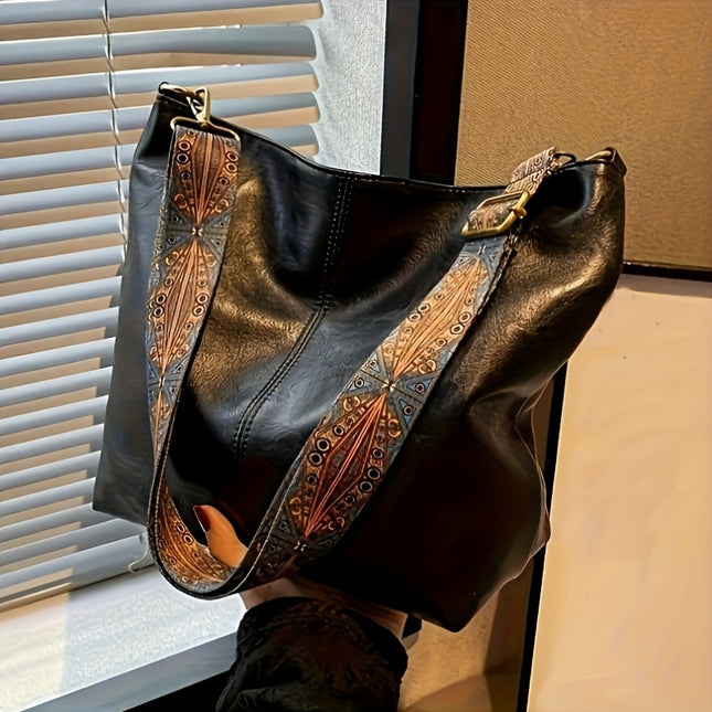 Women's Large Bohemian Style Shoulder Bag - Vintage Wide Strap Crossbody Bag with Adjustable Strap