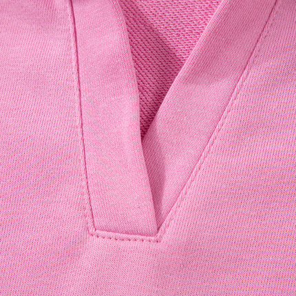Bright Pink Polo Collar V Neck Pullover and Drawstring Sweatpants Set