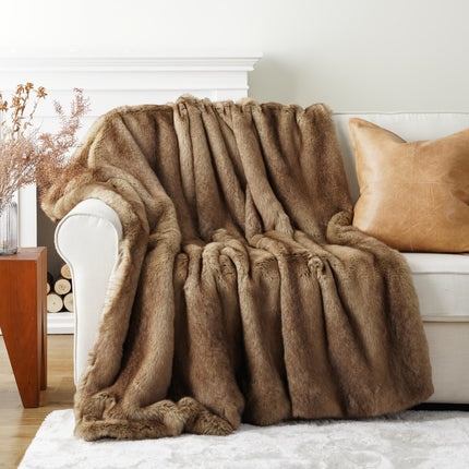 Luxury Reversible Fox Fur & Plush Velvet Throw Blanket - Super Soft Fluffy All-Season Grey Elegant Blanket