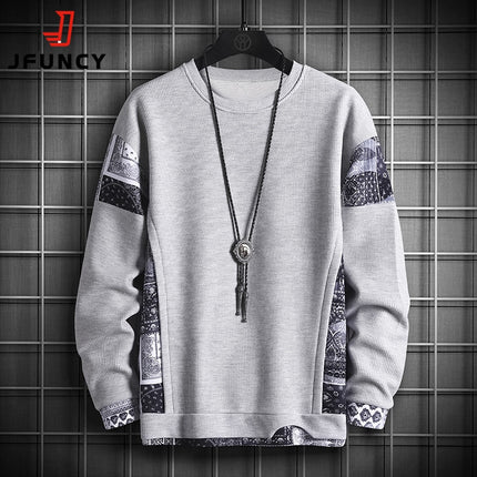 JFUNCY Autumn Harajuku Sweatshirt for Men Oversized Fake 2 Piece Hoodies Korean O-Neck Man Streetwear Male Fashion Clothes