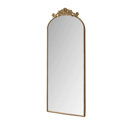 Retro Arched Full Body Mirror 58'x24' with Vintage Carved Applique, Bronze Metal Frame Mirror for Living Room Bedroom Wall Decor