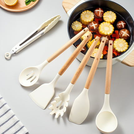 12pcs Silicone Kitchen Utensils with Wooden Handles - Elegant, Non-Stick Spatula And Spoon