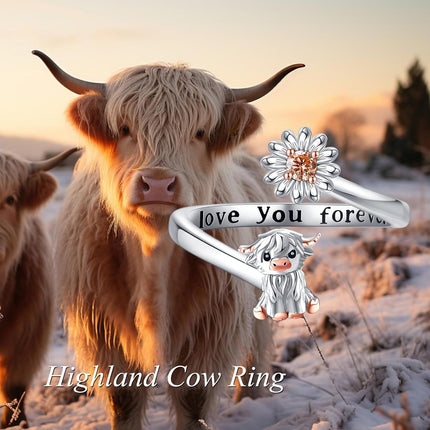 925 Sterling Silver Highland Cow Adjustable Open Rings Wholesale for Women Mom Grandma Mothers Day Gifts Daisy Ocean Jewelry Love You Forever