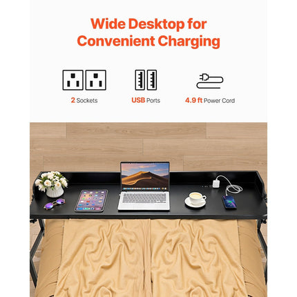 Black Beauty! Mobile Bedside Table with 4 Wheels (2 Braked), Power Socket, and Adjustable Height.