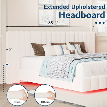 Bed Frame with Wide Headboard, Floating Platform, RGB LED Lights,