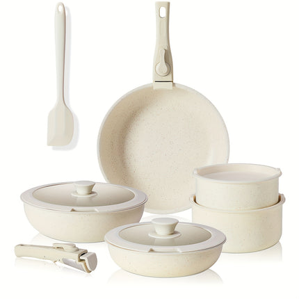 Cookware Sets 12pcs Pots and Pans Set with Detachable Handle, Beige Kitchenware for Home