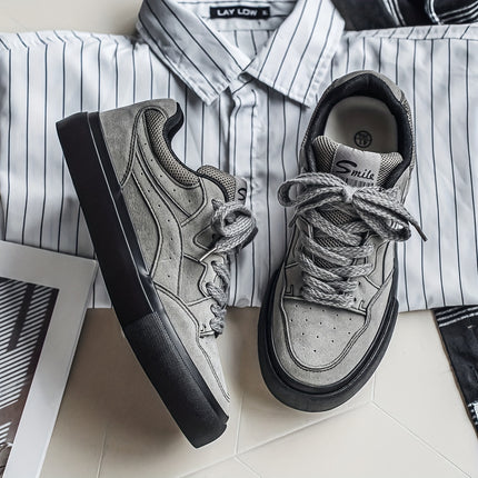 Men's Olive Green PU Low-Top Sneakers - Chunky Rubber Sole Skate Shoes, Lace-Up All-Season Casual