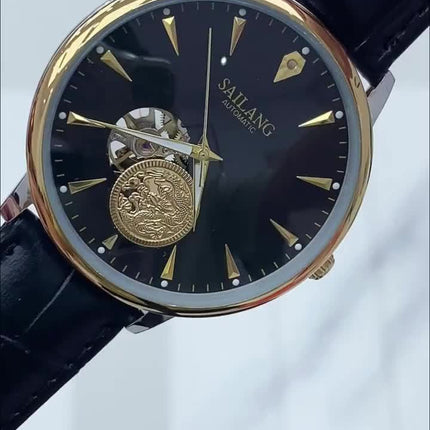 Men'S Sailing Hollow Mechanical Watch with Moon Phase & Calendar - Elegant Black Dial, Golden-Tone Accents