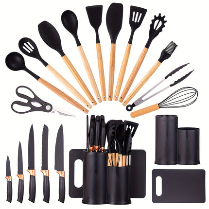 19pcs Modern Black Kitchen Knife & Cuisine Set  Professional Blade Collection with Ergonomic