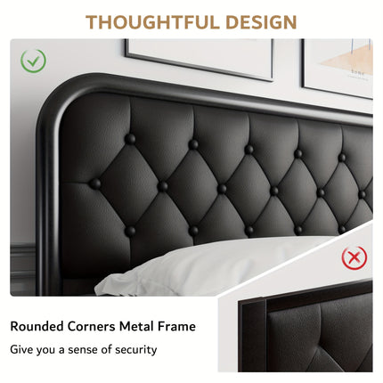 Metal Bed Frame, Platform Bed Frame with Faux Leather Headboard, Heavy-Duty Thicker Metal Steel Slats Support,