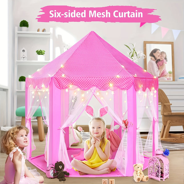 Youngsters' Dream Castle Play Tent - Pink/Blue Princess House with Mosquito Net, Durable Polyester & Fiberglass Frame
