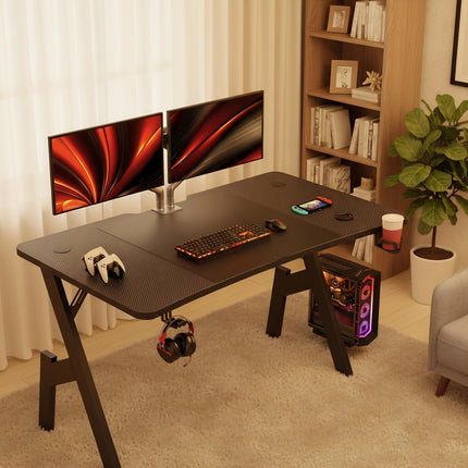Furnishia A Shaped Gaming Table with Cup Holder & Headphone Hook, Ergonomic Computer Table
