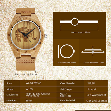 Classic Elephant Leather Retro Simple Bamboo Wood Quartz Watch