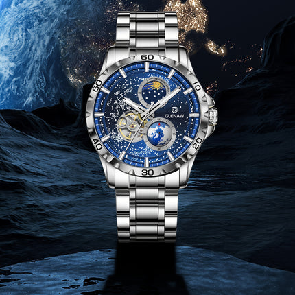 Men's Mechanical Watch Starry Sky Dial Steel Band Stopwatch Sun Moon Star Automatic