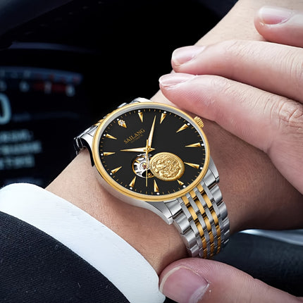 Men's Automatic Mechanical Skeleton Watch with Adjustable Metal Band, Black Dial & Golden Accents