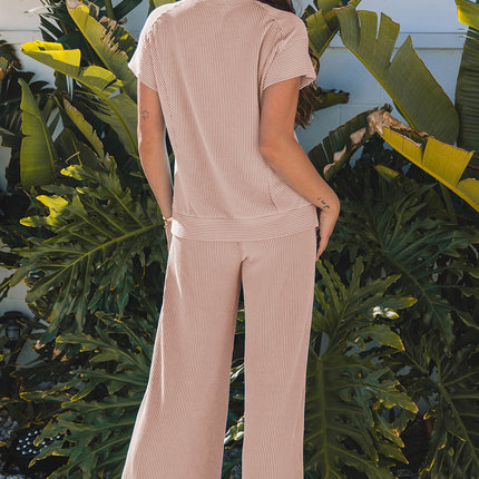 Smoke Gray Solid Corded Knit Short Sleeve T Shirt and Wide Leg Pants Set