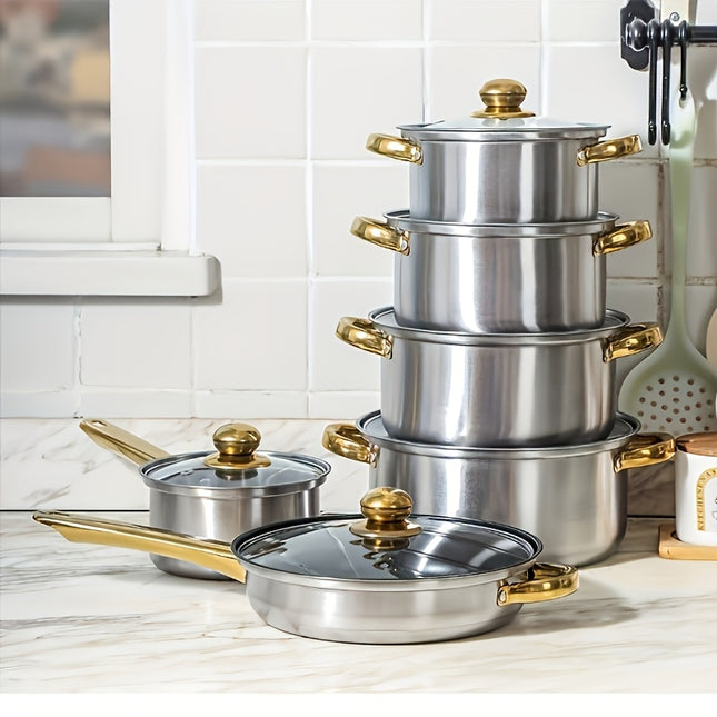 12pcs Stainless Steel Cookware Set, (6 Pots + 6 Lids) Kitchen Cooking Set With Golden Handles,