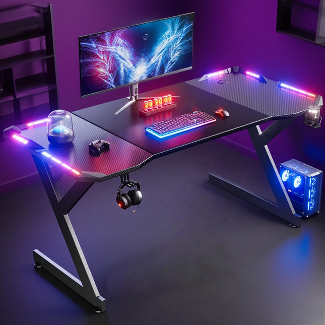 Sturdy Y-Shaped Gaming Desk with Dual RGB LED Lights, Computer Table
