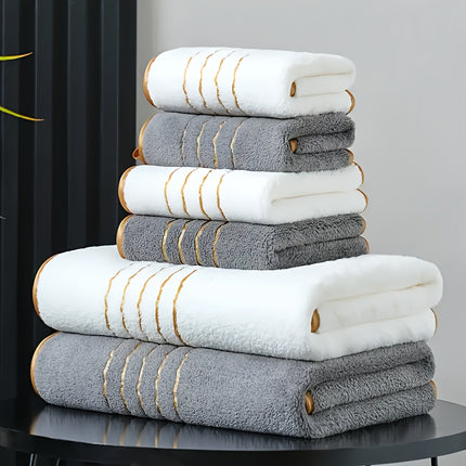2pcs Modern Striped Coral Fleece Bath Towel and Hand Towel Set, Highly Absorbent