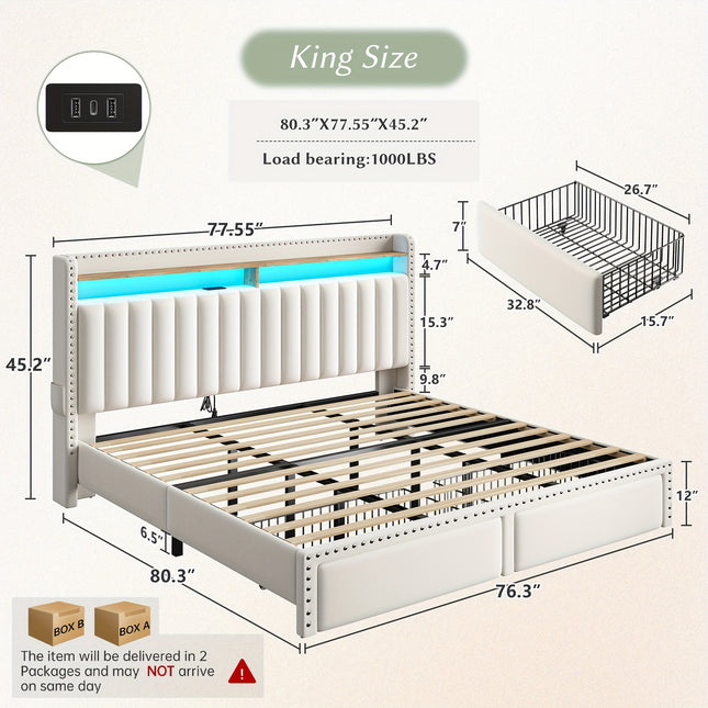 Color-Controlled Bed Frame With Light Strip And Socket, Three Sizes Available