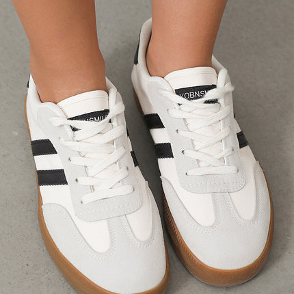 White Striped Lace-up Flat Sneakers