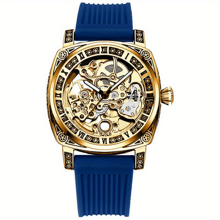 1pc Men's Yellow and Blue Tape Elegant Carved Roman Rotating Mechanical Watch