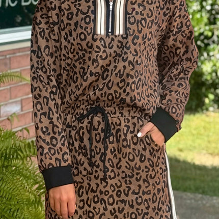 Khaki Leopard Print Quarter Zip Long Sleeve Top Mini Skirt Set