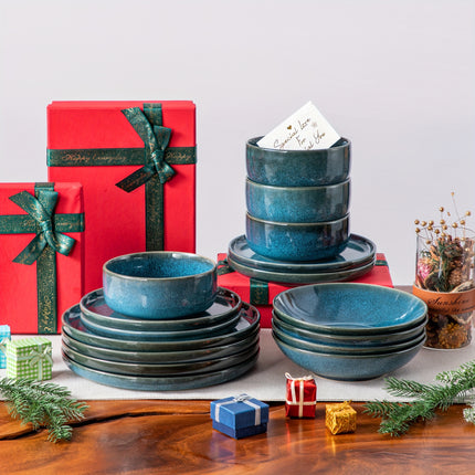 16pcs Dining Set Featuring Blue Stoneware with a Double-Sided Reactive Glaze Design
