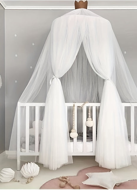 Round Top Bed Canopy for Girls, Machine Washable White Bed Drape with Steel Wire Bracket