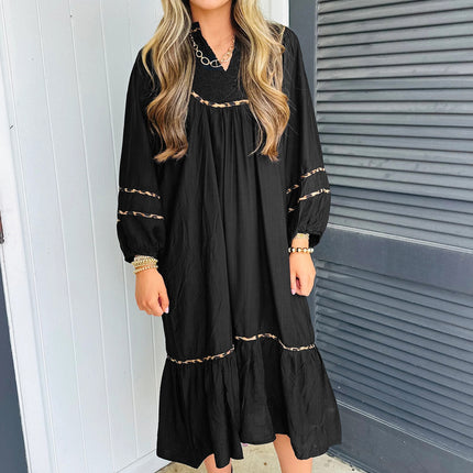 Black Contrast Leopard Trim Split Neck Long Sleeve Casual Midi Dress